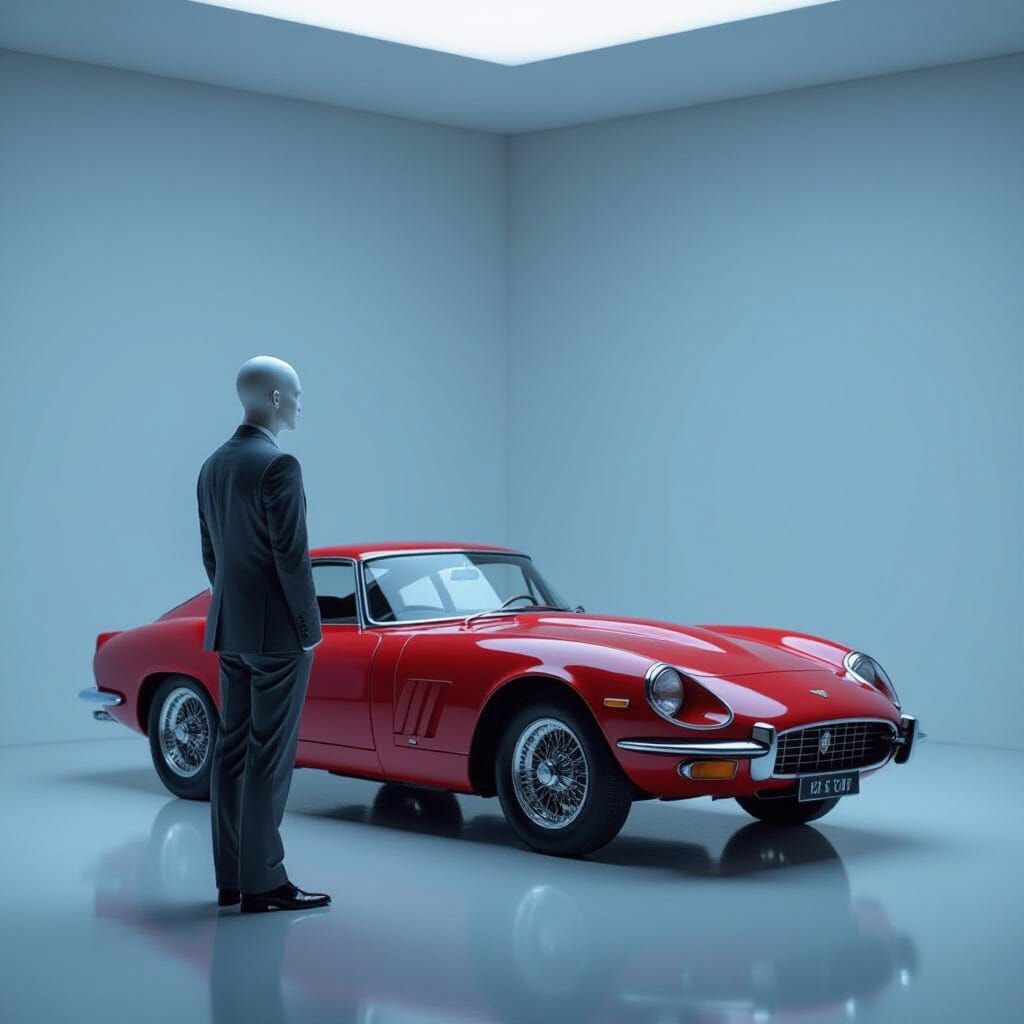Figure Contemplates Classic Car in Minimalist Studio
