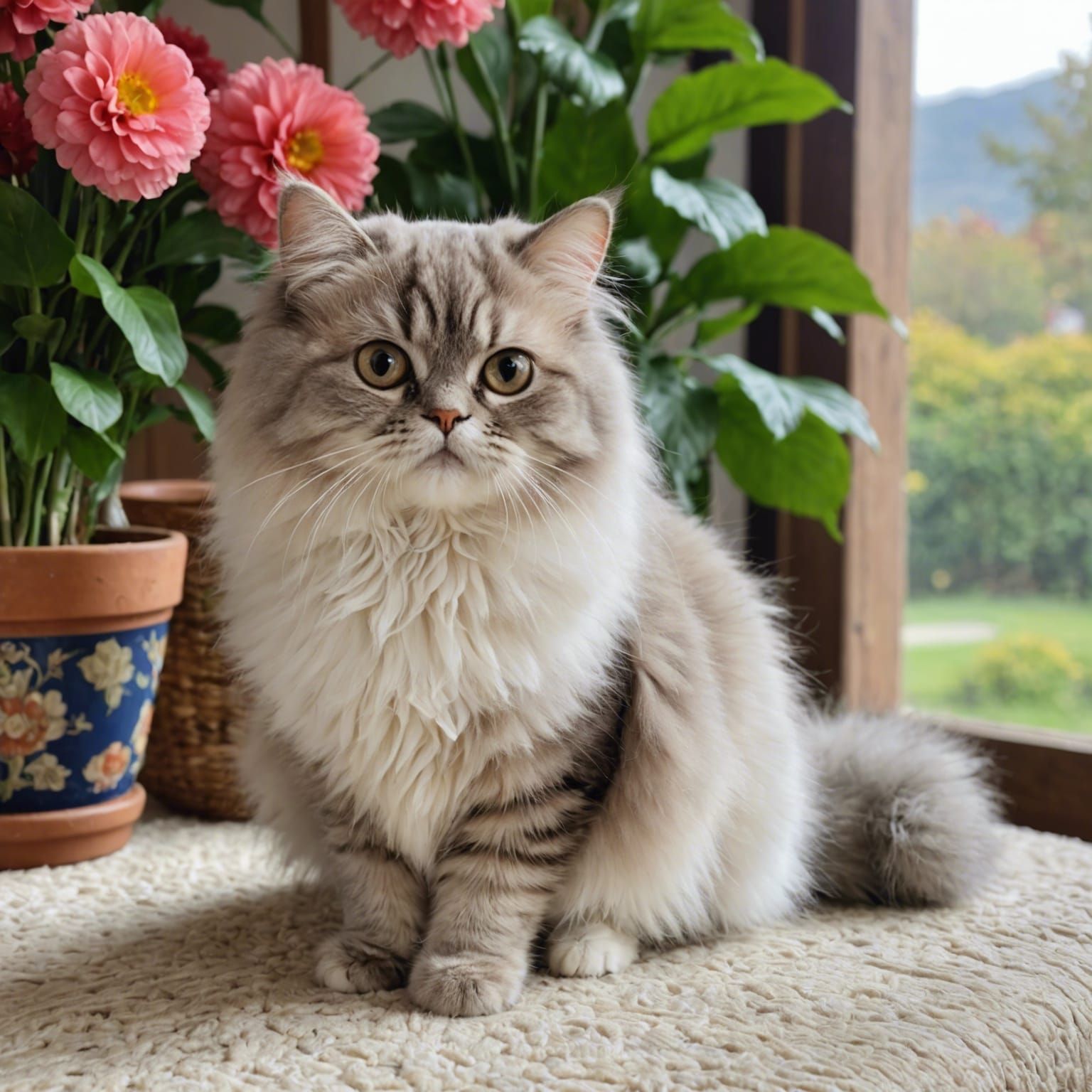 Beautiful Persian Cat with Flowers and Butterflies