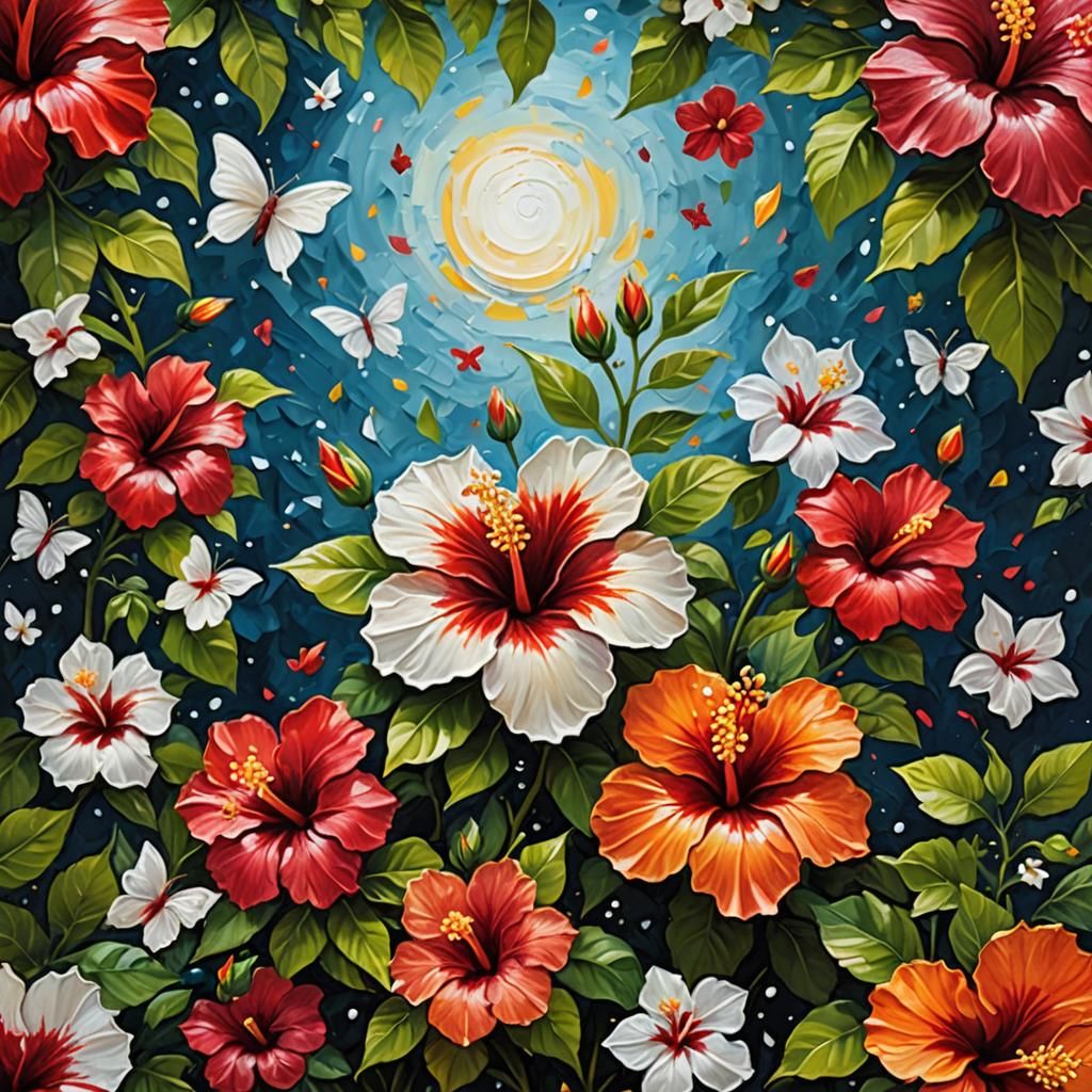 Giant Hibiscus Flower with Butterflies in Impasto Style