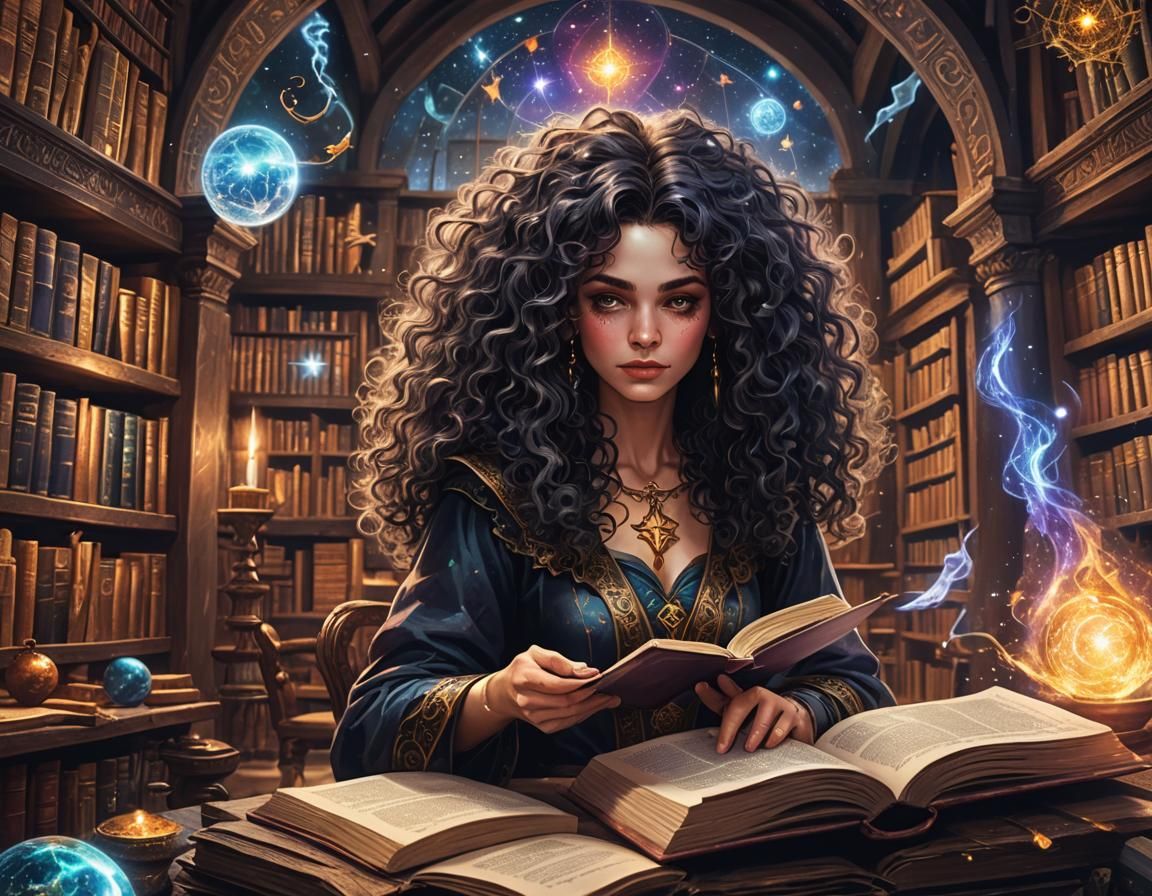 Witch Studying Spells in Ancient Library, Cosmic Powers
