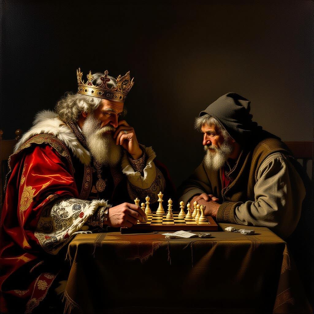 King and Peasant Play Chess with Rembrandt Lighting