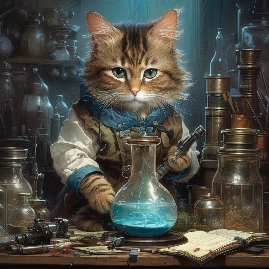 Adorable Scientist Cat in Detailed Digital Painting