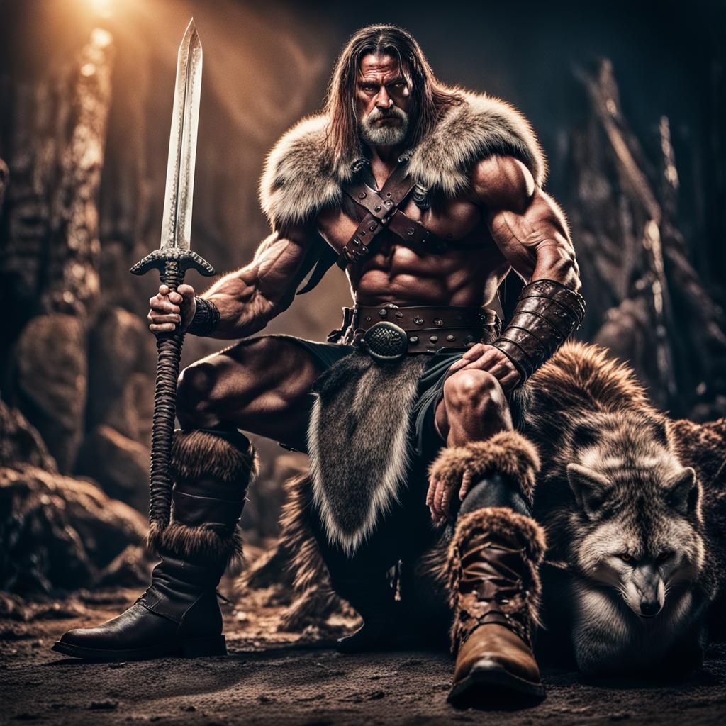 Epic Barbarian Warrior with Mythical Creature