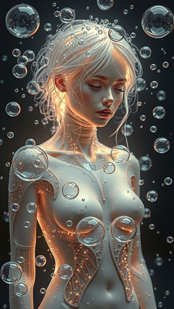 Glowing Woman Silhouette in Suspended Bubbles