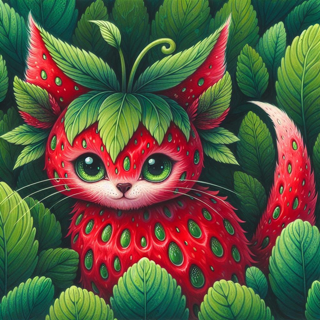 Surreal Strawberry Cat in Whimsical Japanese Art Style