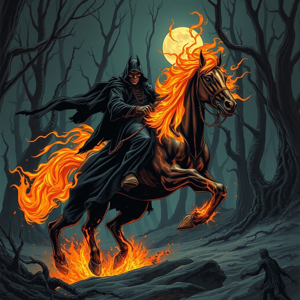Ghost Rider in a Haunting Dark Forest Scene