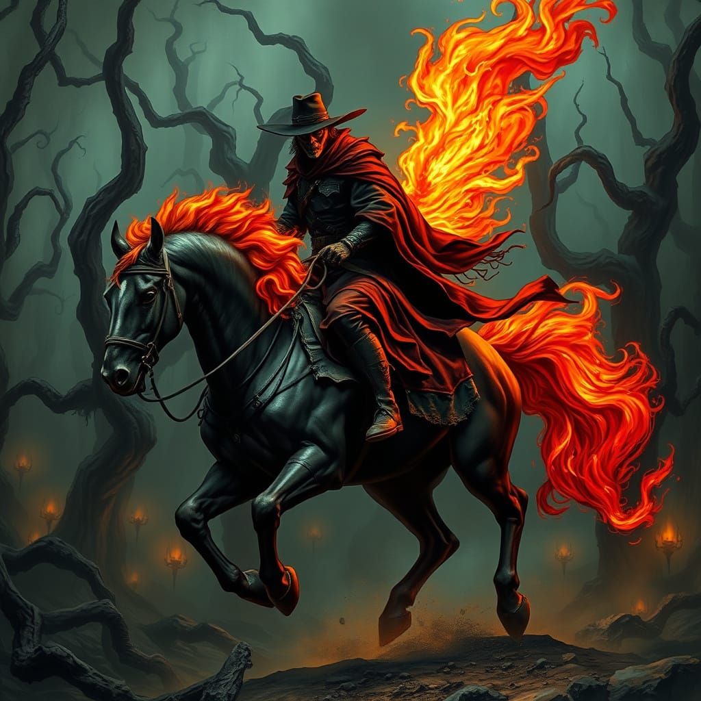 Ghost Rider on a Flaming Steed in Dark Gothic Landscape