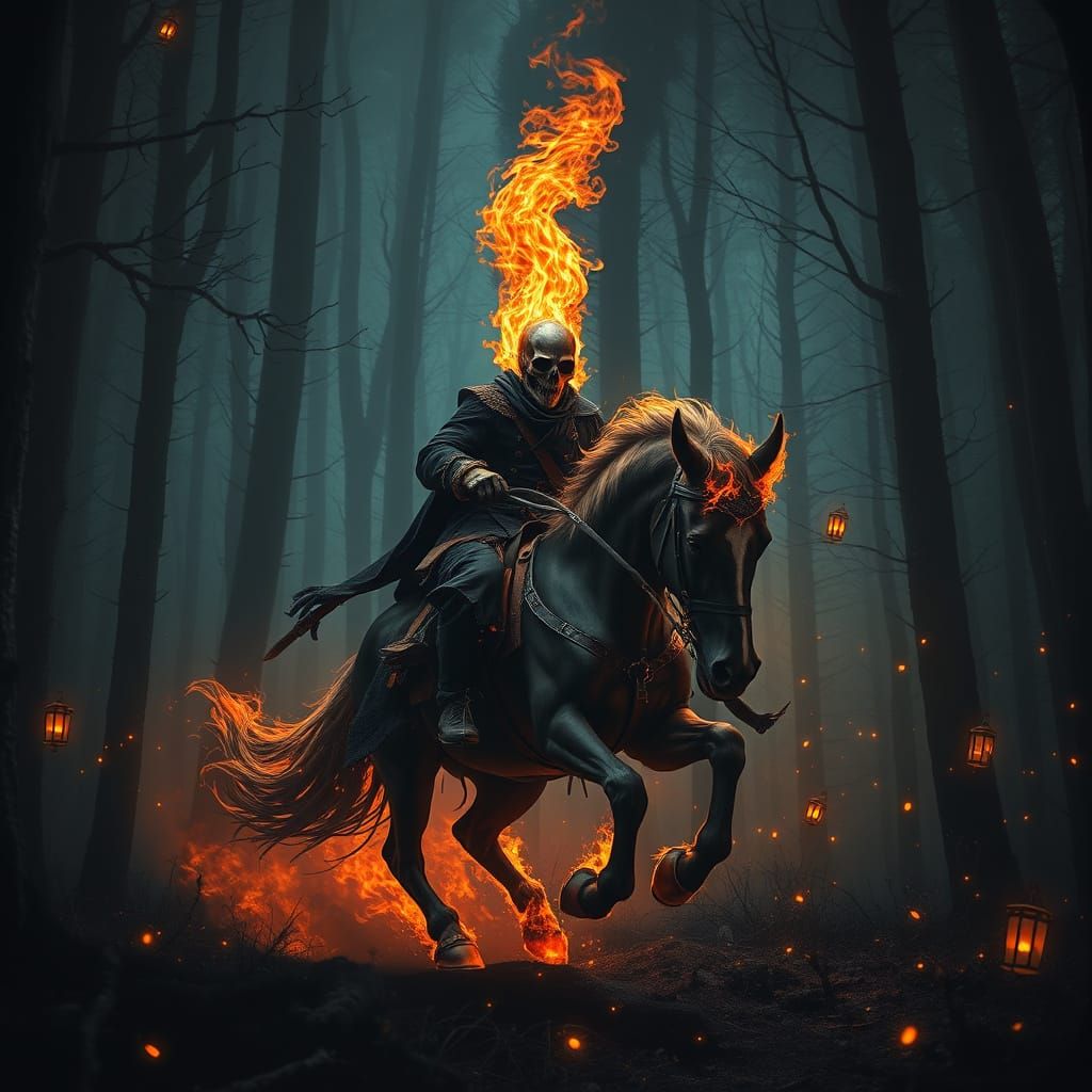 Ghost Rider on a Fiery Steed in a Dark, Gothic Dreamscape