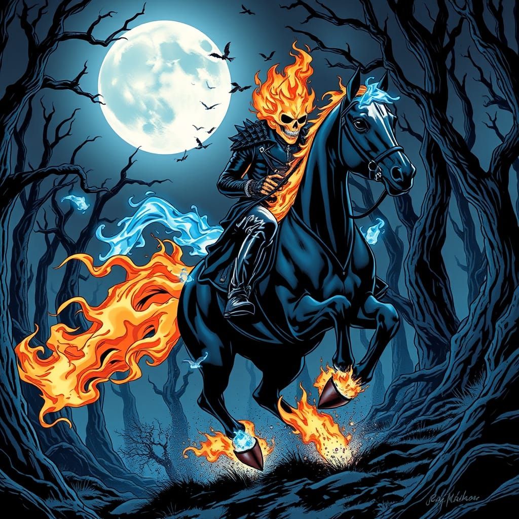 Ghost Rider on a Flaming Horse in a Dark, Gothic Forest