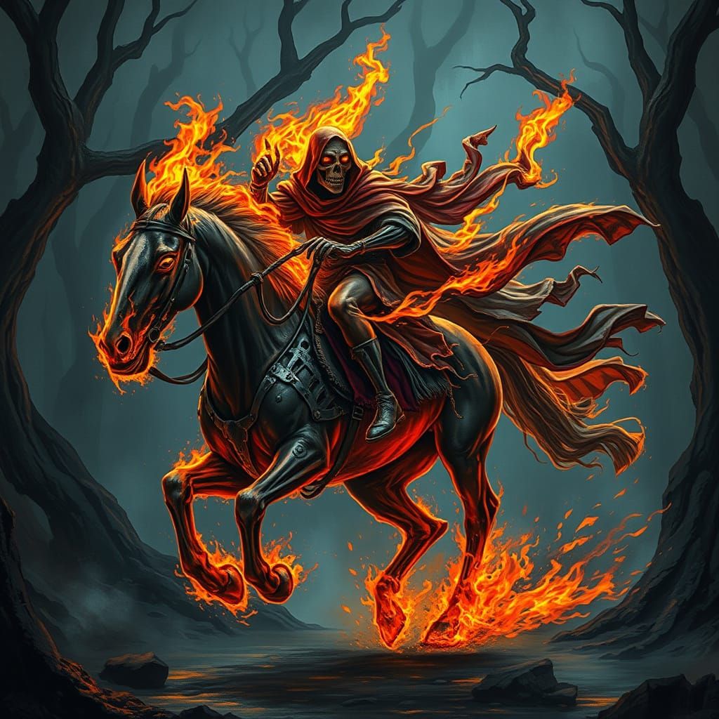 Ghost Rider on a Fiery Steed in a Haunting Dark Forest