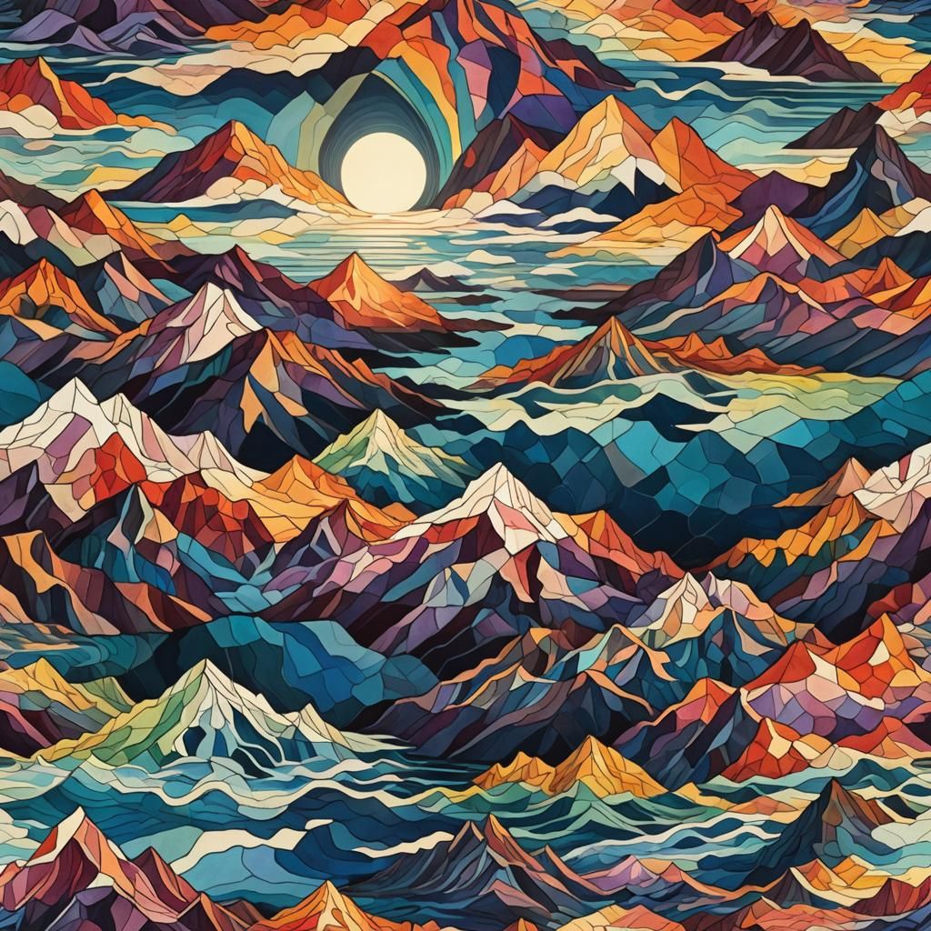 a painting of a lake and mountains with a rainbow in the sky and a sun, psychedelic art, psychedelic landscape, colorful...