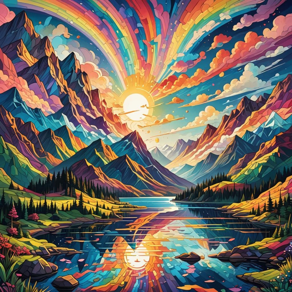 a painting of a lake and mountains with a rainbow in the sky and a sun, psychedelic art, psychedelic landscape, colorful...