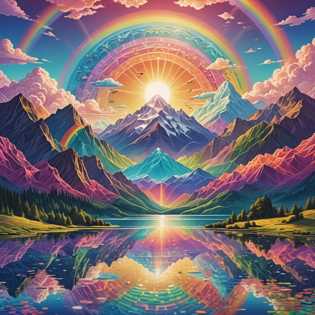 a painting of a lake and mountains with a rainbow in the sky and a sun, psychedelic art, psychedelic landscape, colorful...