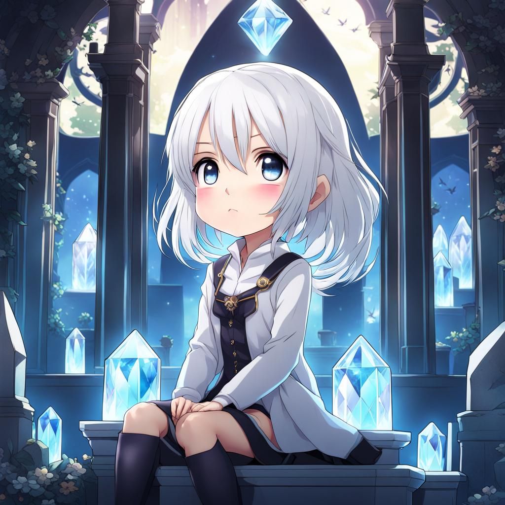 Anime Girl in Crystal: Chibi Style Cemetery Scene