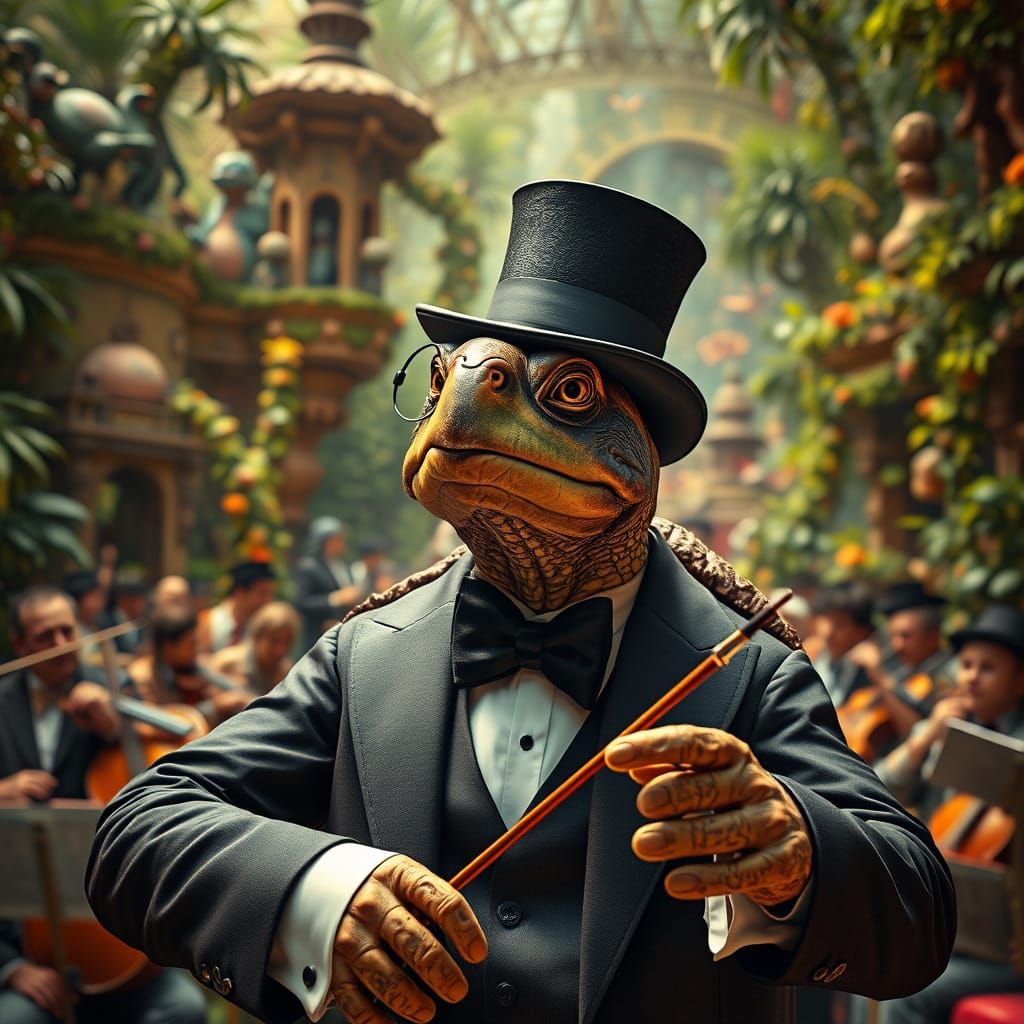 Turtle Conductor in Surreal Garden, Hyperrealistic Digital A...
