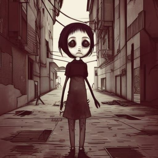 Creepy Haunted Girl in Miyazaki-Inspired Street Scene