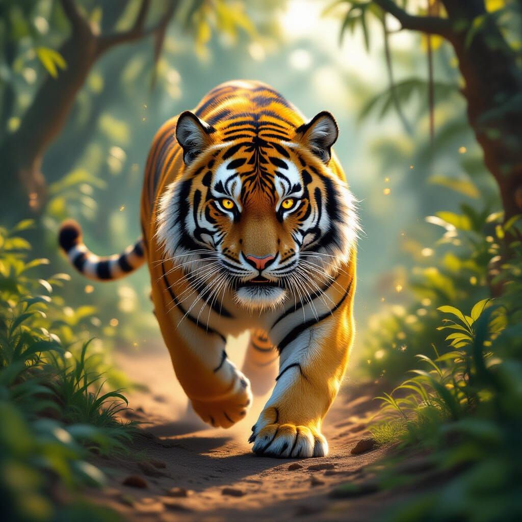 Majestic Golden Tiger in Lush Fantasy Landscape