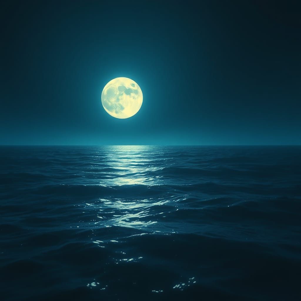 Luminous Full Moon Reflection Over Ocean at Night