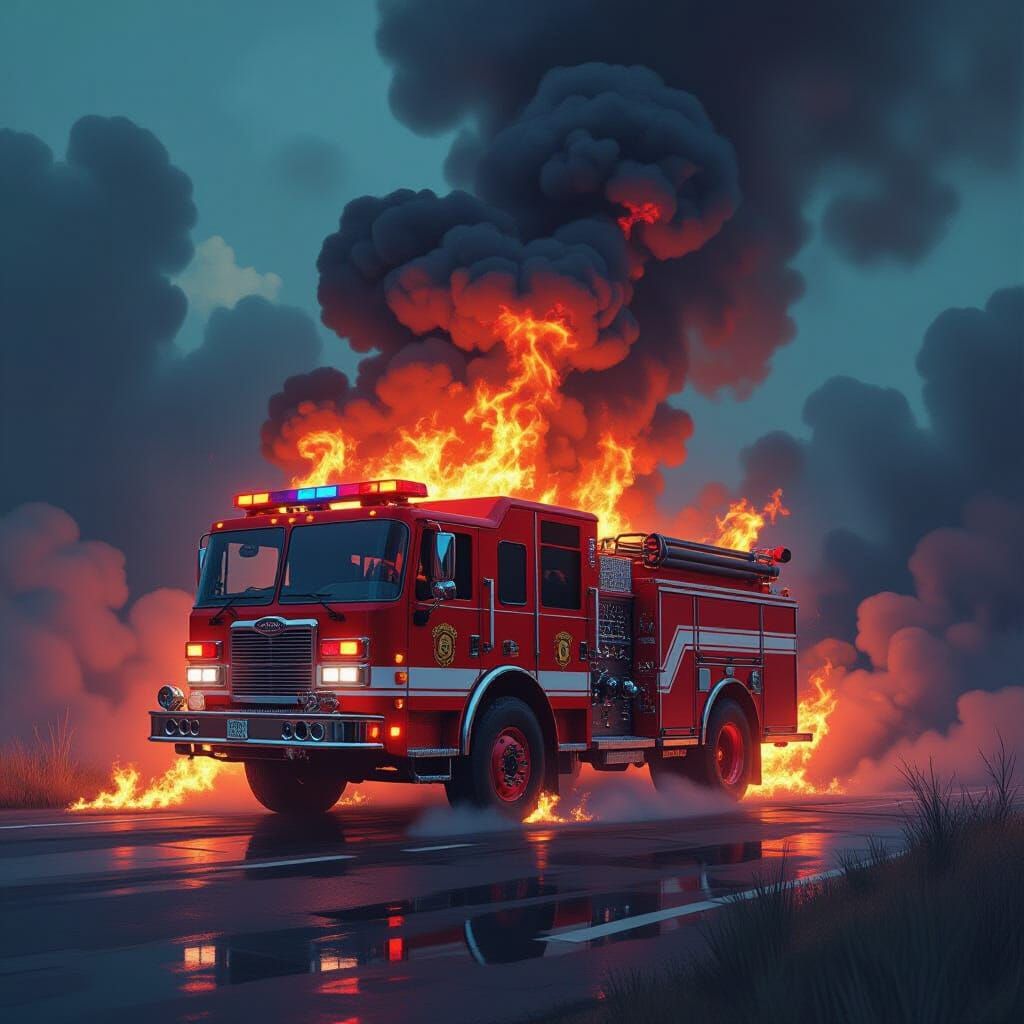 Fiery Red Firetruck in Surreal Psychedelic Scene