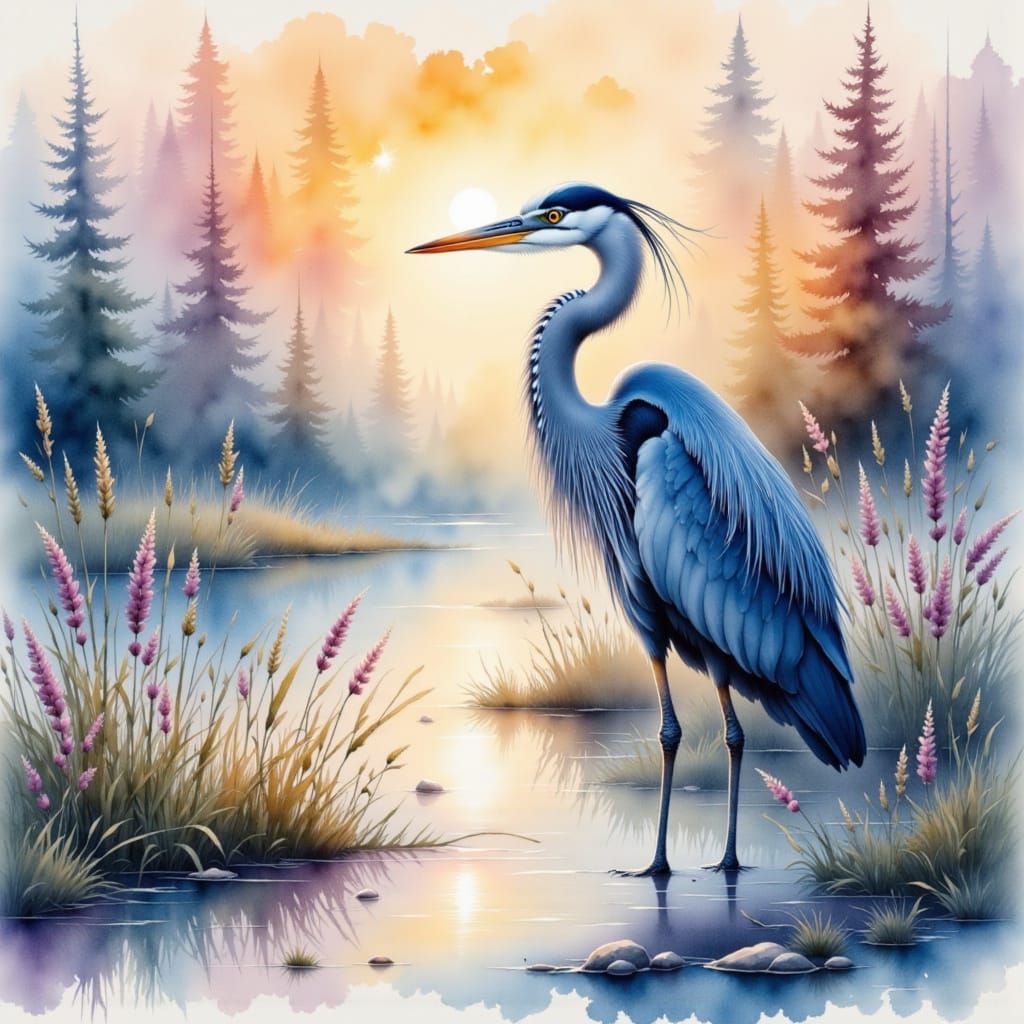 Ethereal Blue Heron in Wet Ink Sketch at Misty Marsh Dusk