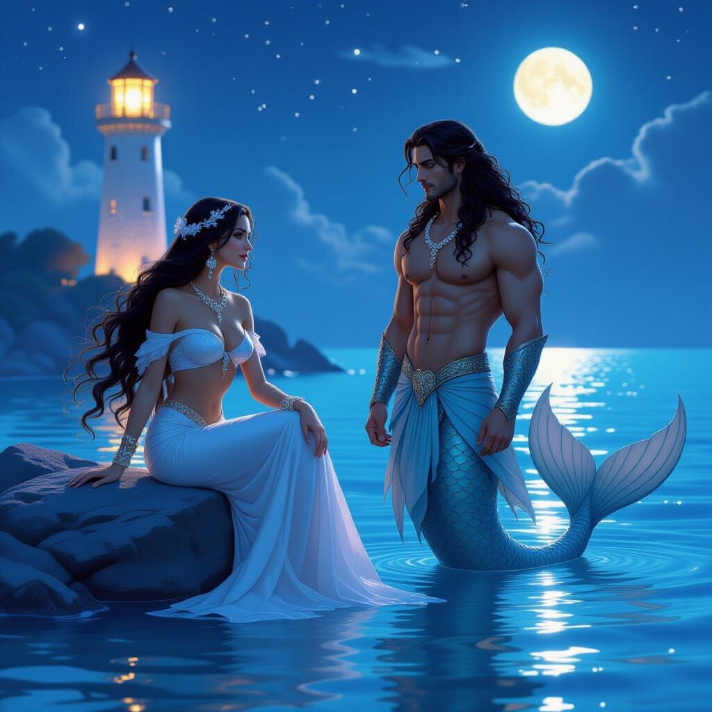 Nereid and Triton in Moonlit Sea