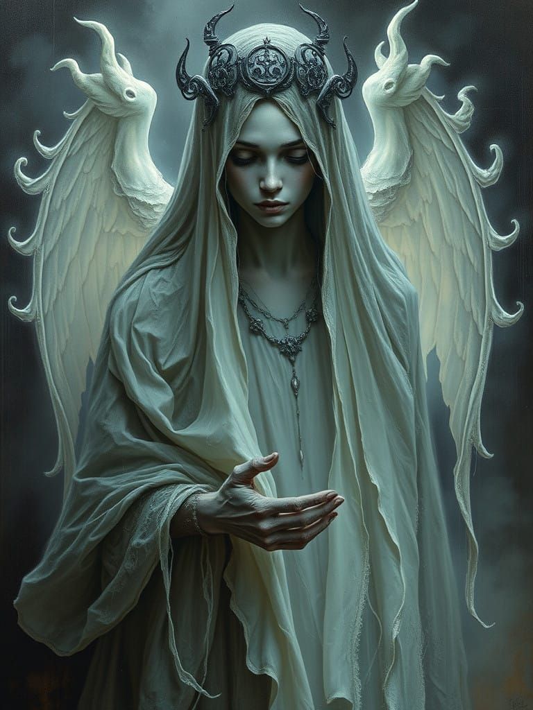 Ethereal Academic Ghost in Misty Fantasy Landscape