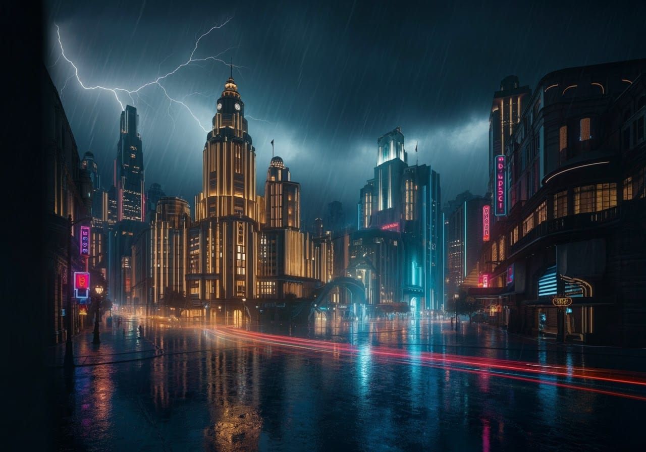 Art Deco Cityscape in Rainstorm, Syd Mead Style