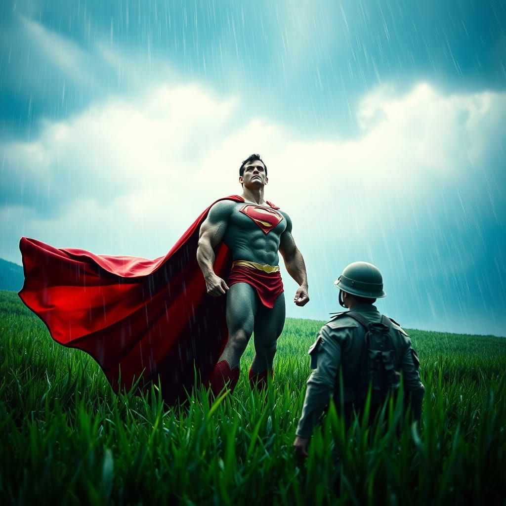 Muscular Hero in Flowing Cape Stands in Stormy Field