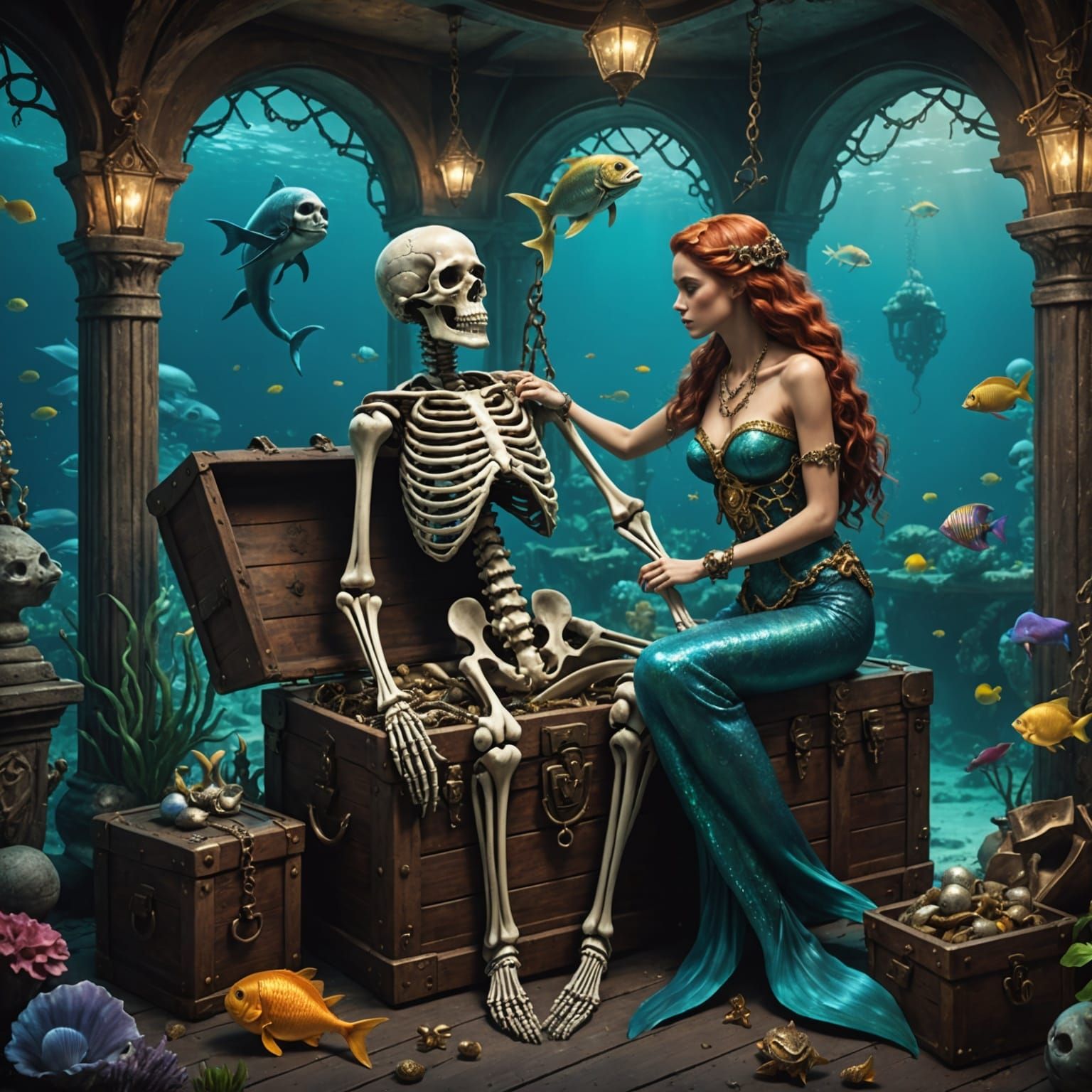 Underwater Skeleton with Mermaids Guarding Treasure