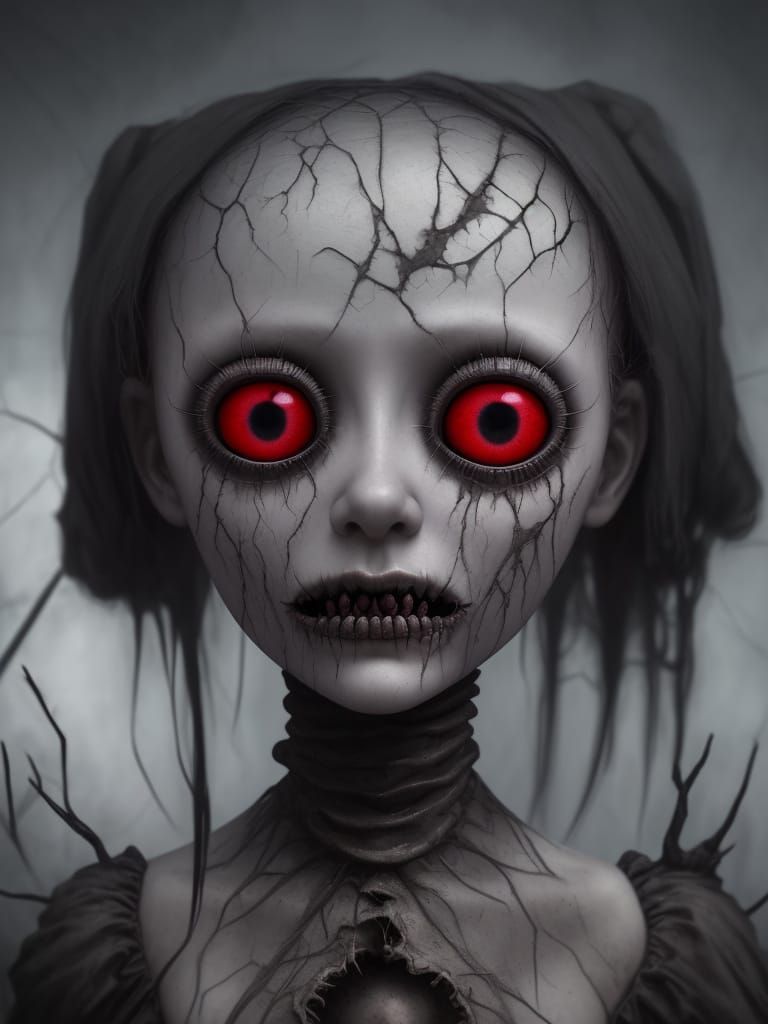 Eerie Doll Portrait with Cracked Porcelain and Red Eyes