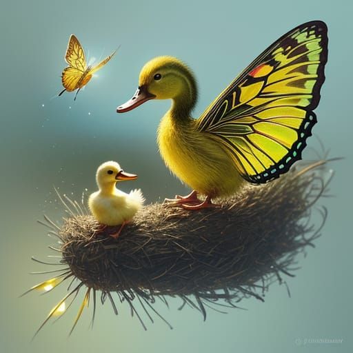 Glowing Butterfly Lands on Duckling's Beak in Hyperrealistic...