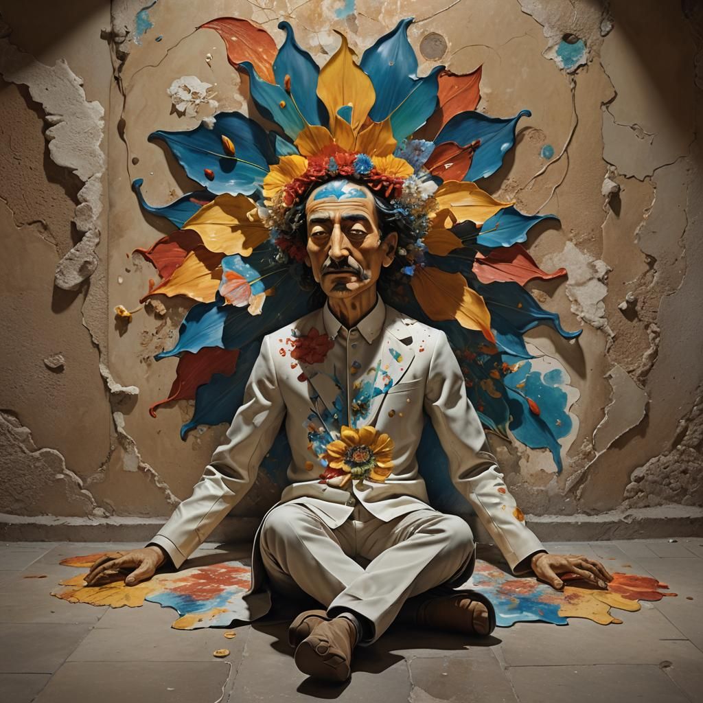 Humanoid Flower with Surreal Frescoes in Splash Art Style