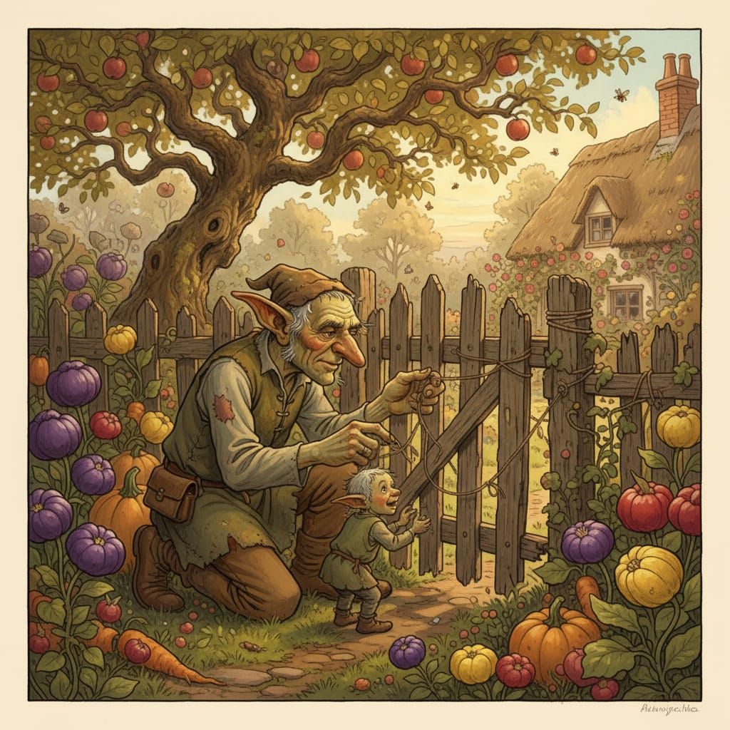 Goblin Farmer Teaches Grandson to Mend Gate in Whimsical Gar...