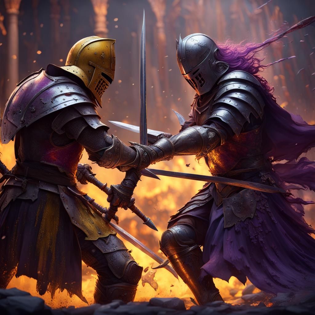 Battle-Worn Knights Clash Swords: Dark Fantasy Art
