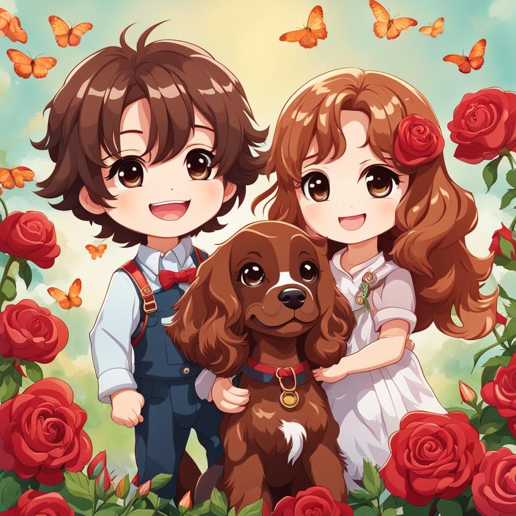 Chibi Boy and Spaniels in Rose Garden