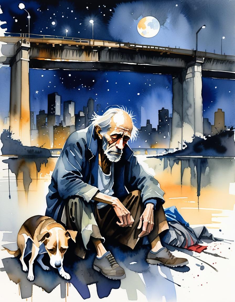 Homeless Man Under Overpass: Watercolor Art