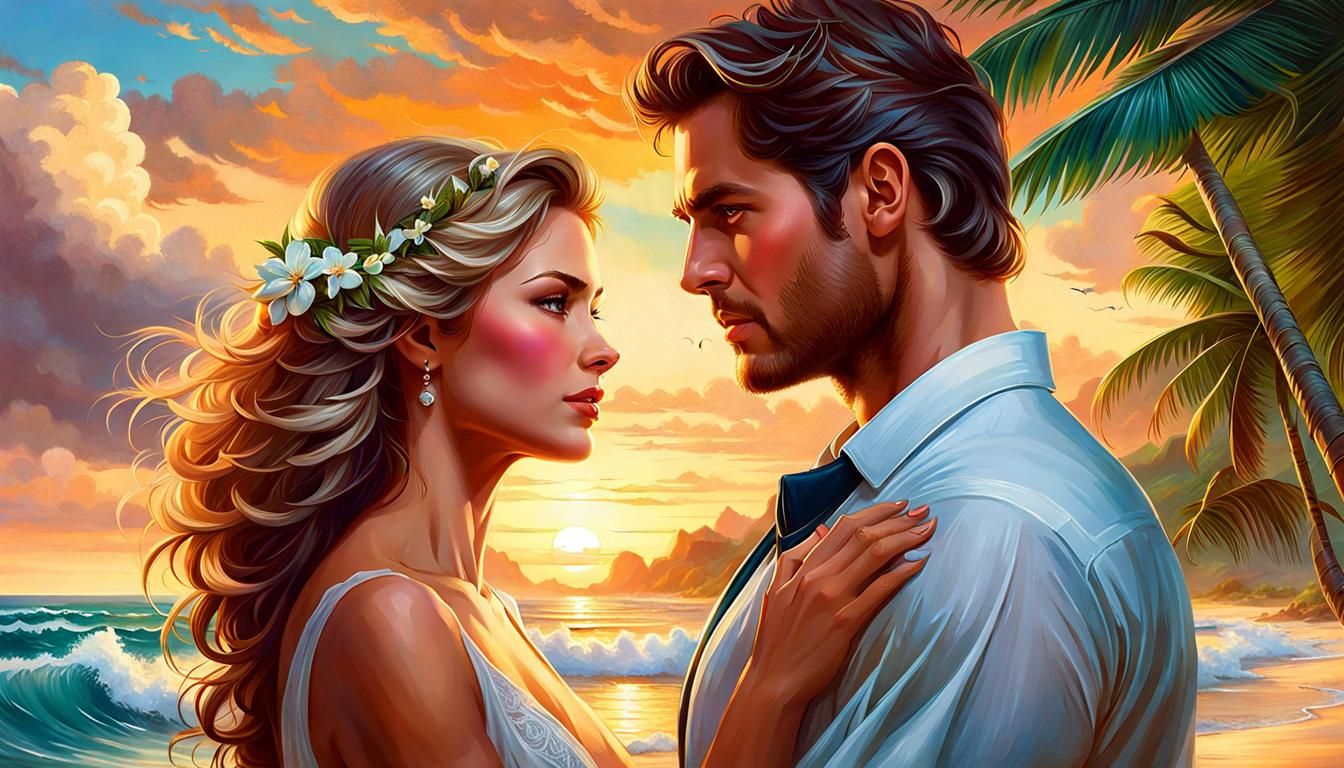 Tropical Beach Sunset Couple in Hyperdetailed Digital Art