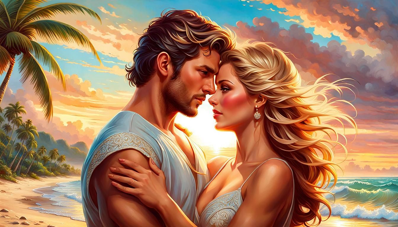 Tropical Beach Sunset: A Romantic Digital Painting