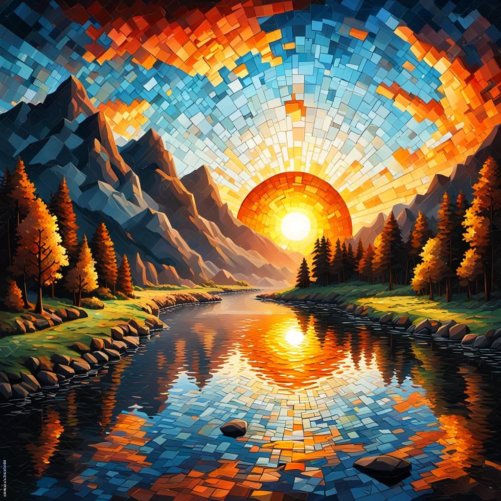 Mosaic Digital Painting: Sunrise Over River Landscape
