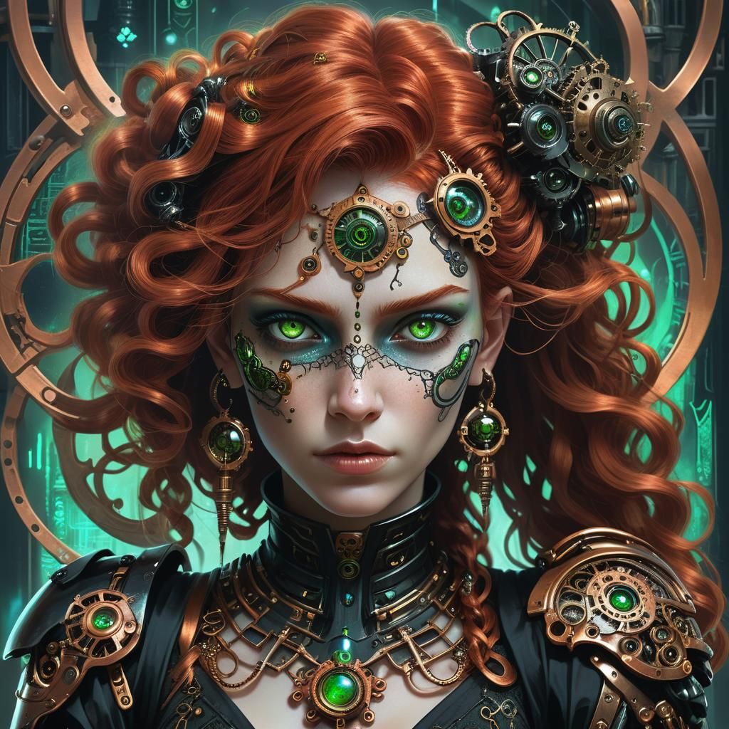 Cyborg Witch Portrait in Cyberpunk Biomechanical Art