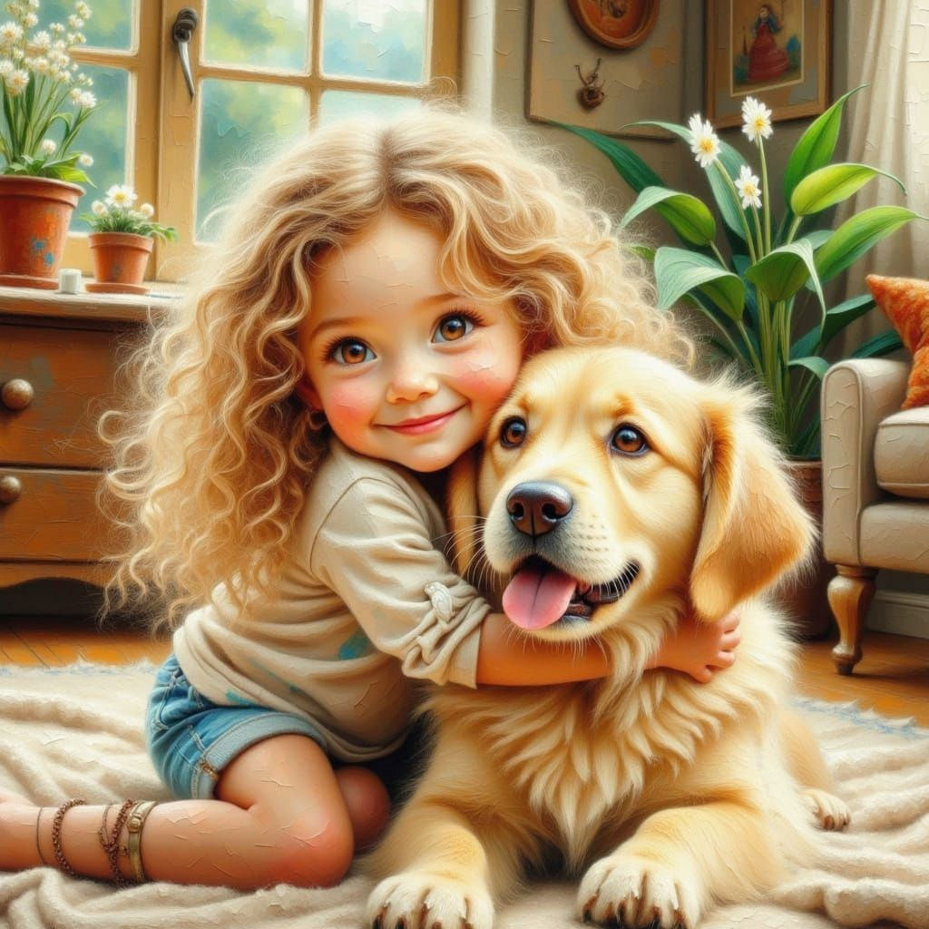 Adorable Toddler Girl Hugs Her Fluffy Dog in Impasto Style