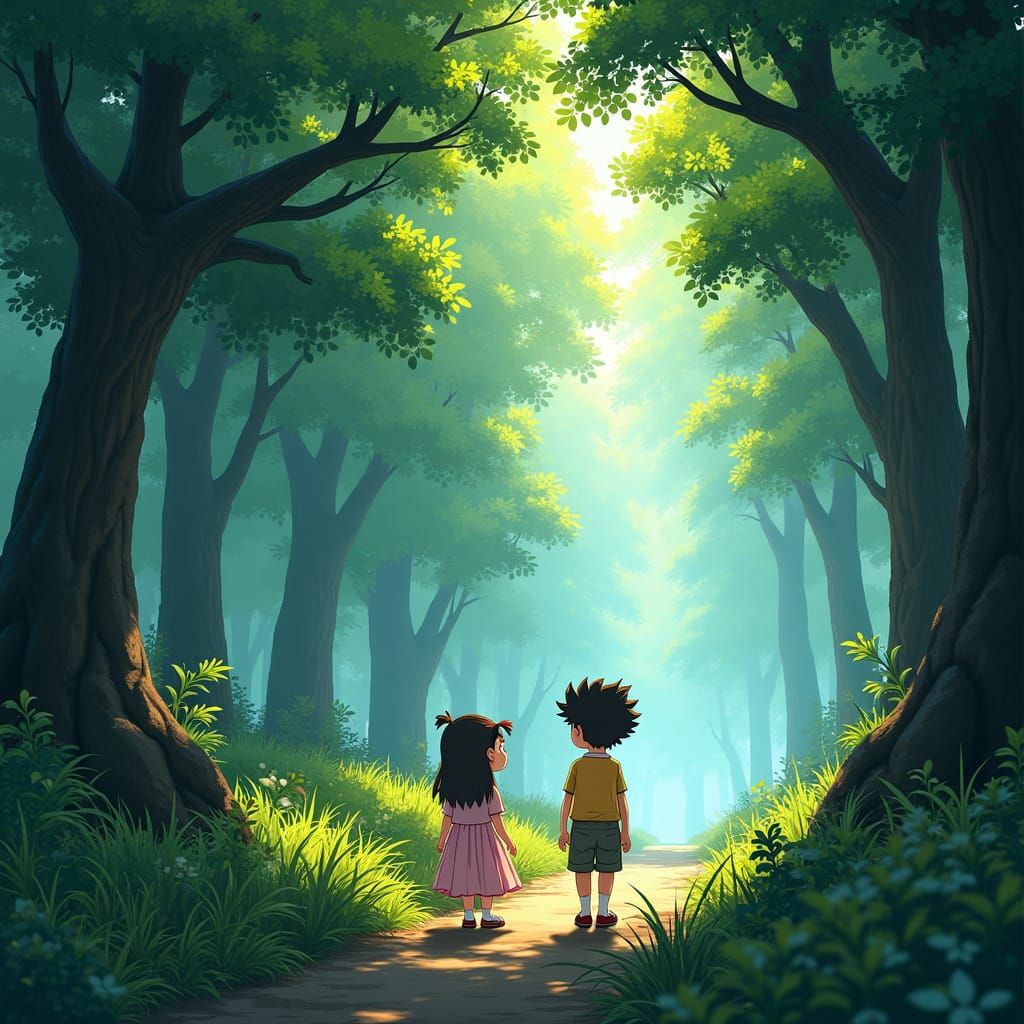 Ghibli Anime: Boy and Girl in Forest Landscape