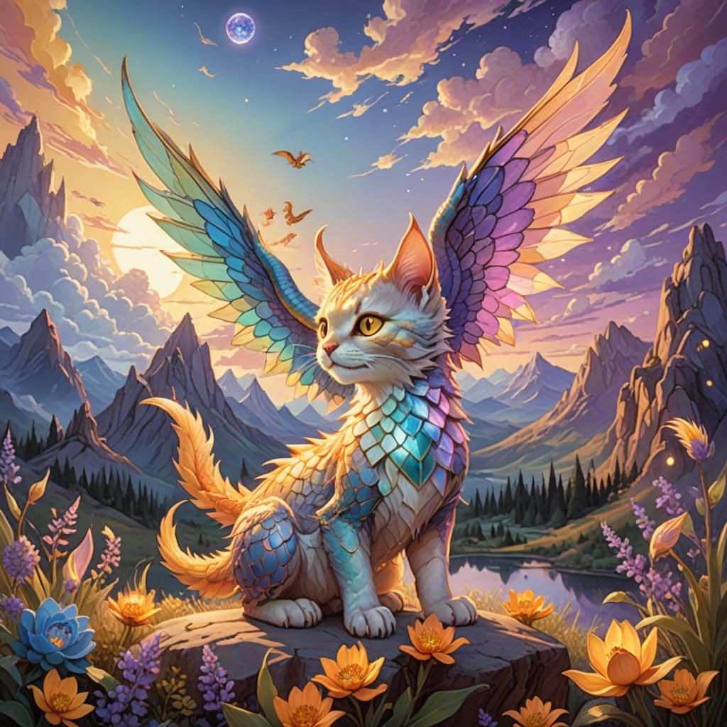 Whimsical Fantasy Scene with Dragon-Kitten and Phoenix-Parro...