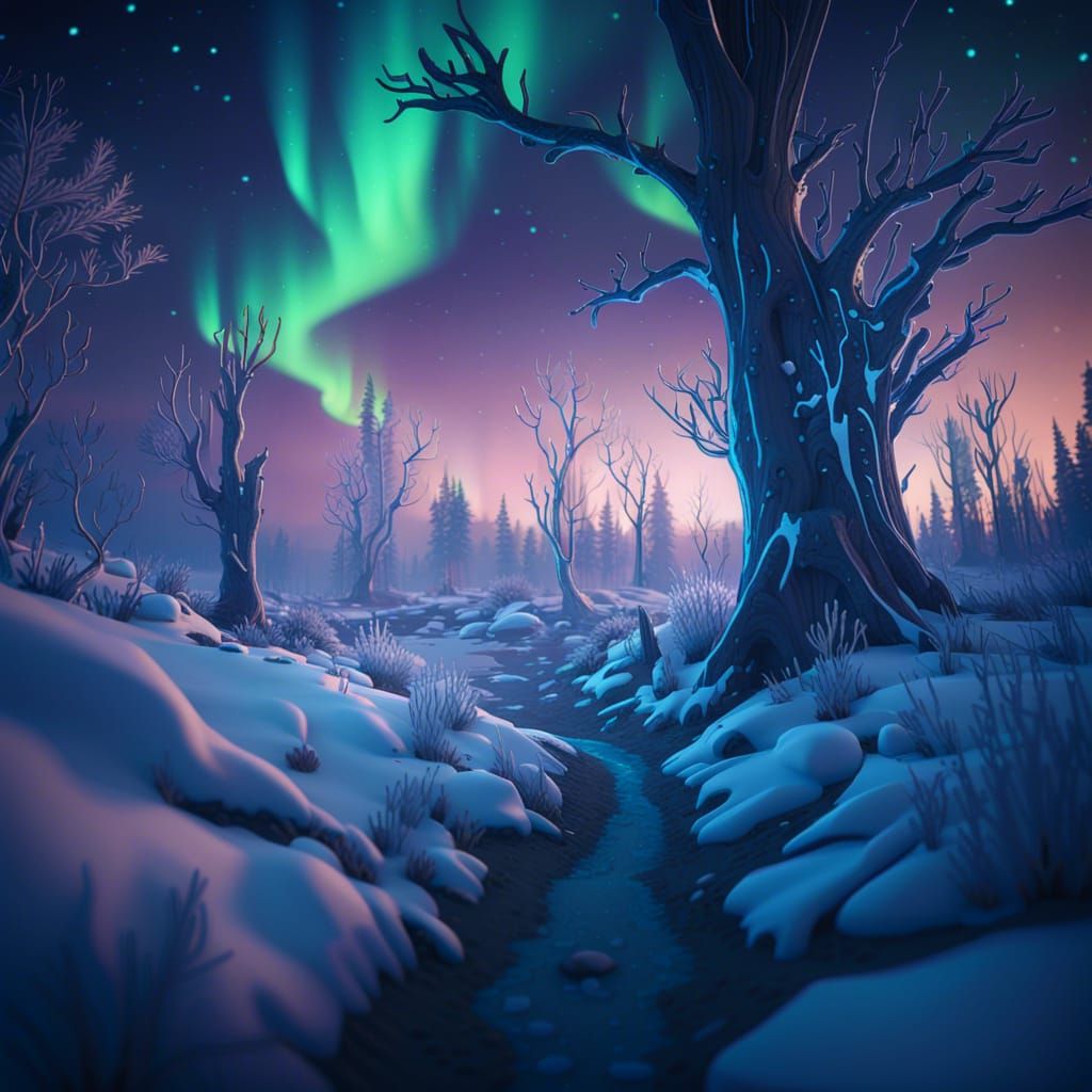 Icy Tundra at Night with Northern Lights