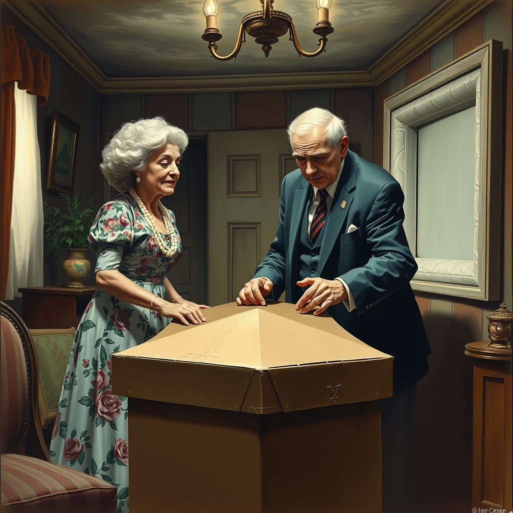 Elderly Couple and Cardboard Casket in Rockwell Style