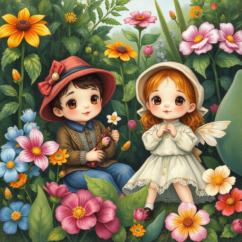 Kawaii People in Vibrant Nature as Gouache Painting
