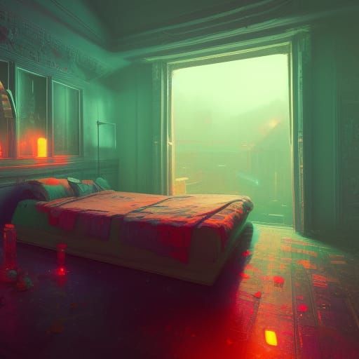 Neon Lofi Bedroom in Dark Fantasy Style