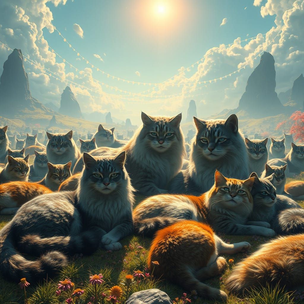 Fantastical Feline Gathering in Dreamlike Landscape