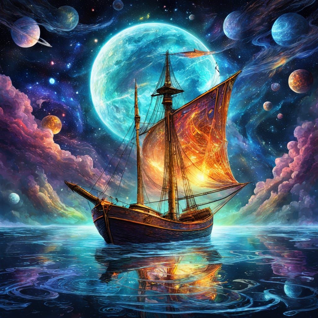 Surreal Cosmic Boat in Holographic Astral Night