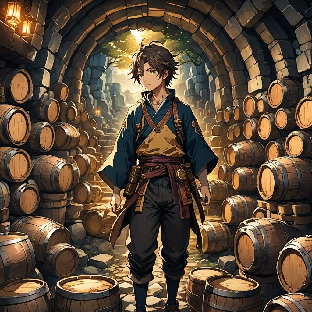Anime Art: Cave of Barrels in Vibrant Colors